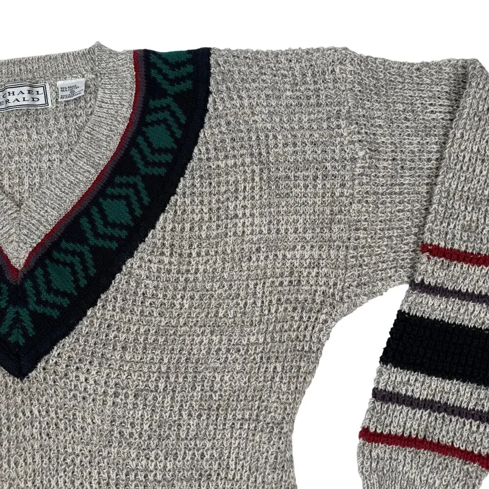 Michael Gerald Vintage Collegiate V-Neck Knit Sweater Geo Border Mens Medium